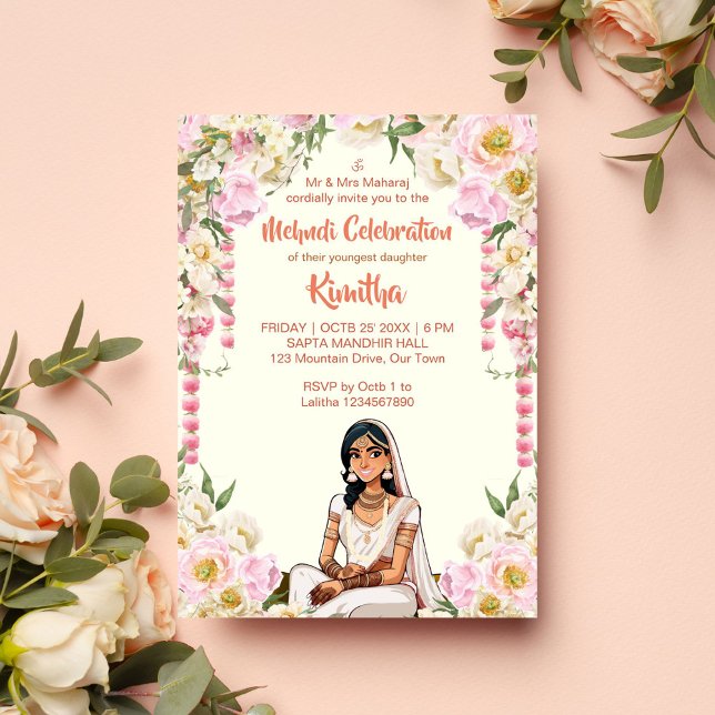 Mehndi Indian wedding cute bride in pink Invitation (Mehndi henna Indian wedding cute bride in ivory white Invitation editable template digital download)