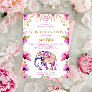 Mehndi Indian wedding elephant pink gold flowers Invitation
