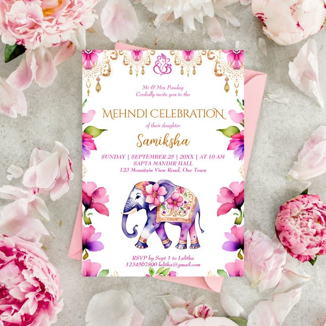 Mehndi Indian wedding elephant pink gold flowers Invitation (Mehndi Indian wedding elephant pink flowers gold ornaments template invitation digital download)