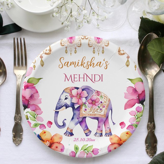 Mehndi Indian wedding ornate elephant tableware Paper Plate (Mehndi Indian wedding decorated elephant tableware personalized plates pink flowers elephant mehndi)
