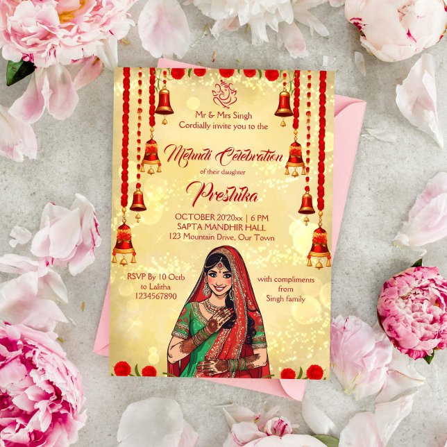 Mehndi Indian wedding red and gold Invitation (Mehndi Indian wedding template invitation gold and red carnation bell garlands Indian bride cartoon)