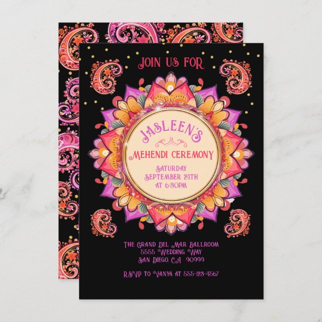 Mehndi Mandala Night Party Pink Gold Invitation (Front/Back)