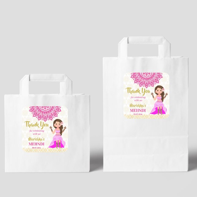 Mehndi pink magenta mandala Indian bride thank you Square Sticker (Creator Uploaded)