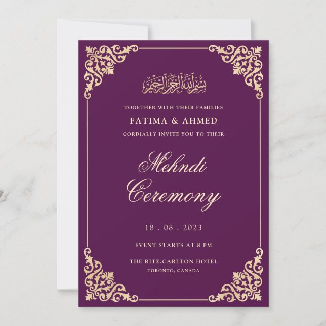Mehndi Purple Gold Islamic Muslim Wedding Invitation (Front)