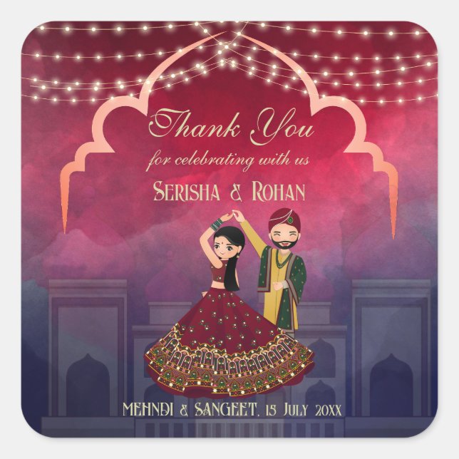 Mehndi Sangeet dancing couple dark blue custom Square Sticker (Front)