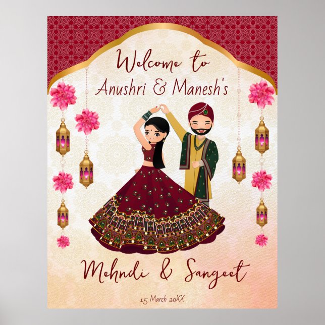 Mehndi sangeet dancing Indian couple lotus Arabian Poster (Front)