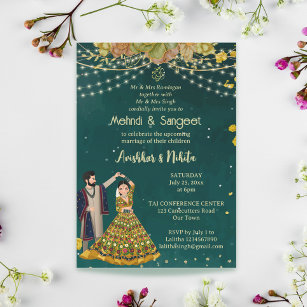Mehndi sangeet green dancing Indian bridal couple Invitation