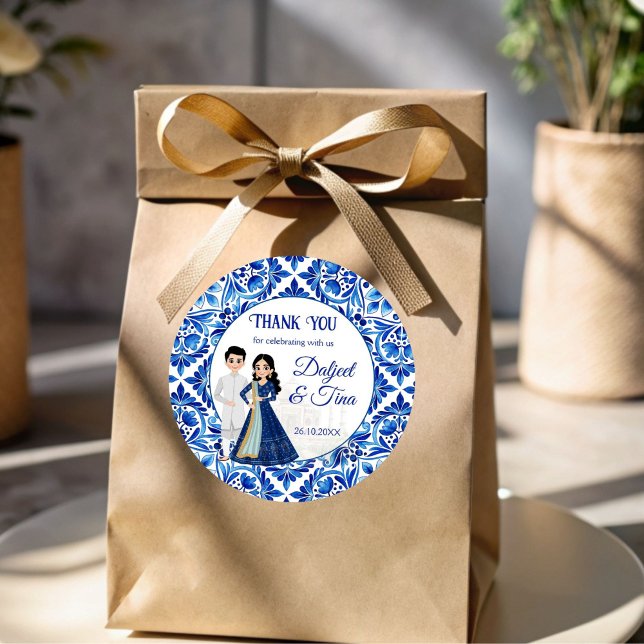 Mehndi Sangeet Indian wedding cute favours Classic Round Sticker (Mehndi Sangeet Indian wedding favor stickers cute bridal couple cartoon customized favor Stickers)