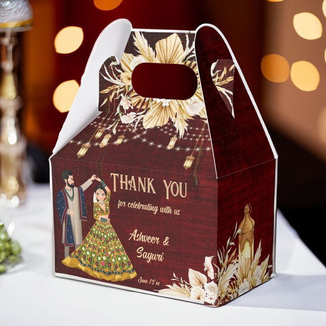 Mehndi Sangeet Indian wedding dancing couple Favour Box (Mehndi and Sangeet Indian wedding maroon and gold favor gift box cute cartoon dancing bridal couple)