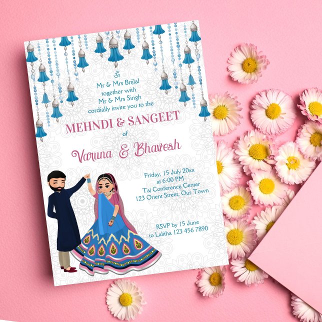Mehndi sangeet invite dancing cute Indian couple (Mehndi sangeet editable template invitation digital download blue silver dancing cute Indian couple)