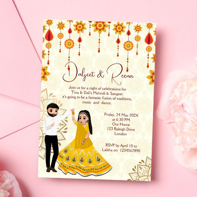 Mehndi sangeet invite dancing cute Indian couple (Mehndi and sangeet invitation editable template digital  dancing cute Indian couple caricature )