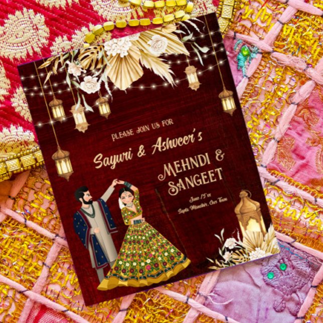 Mehndi Sangeet maroon dancing couple budget invite (Creator Uploaded)