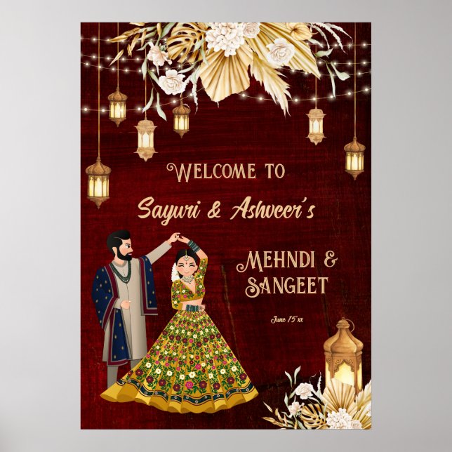Mehndi Sangeet maroon dancing couple welcome  Poster (Front)