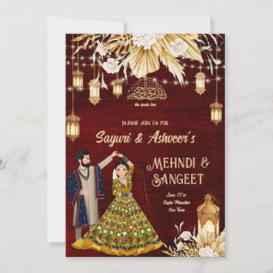 Mehndi Sangeet maroon Indian couple Islamic Invitation