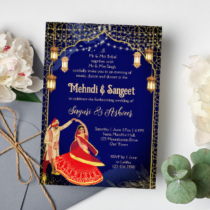Mehndi Sangeet navy blue Indian dancing couple  Invitation