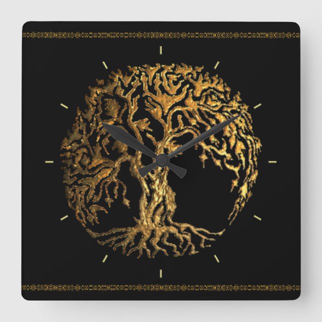 Mehndi Tree of Life (Gold) Square Wall Clock (Front)