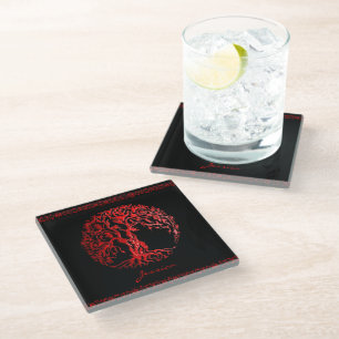 Mehndi Tree of Life (Henna) (Red) Glass Coaster