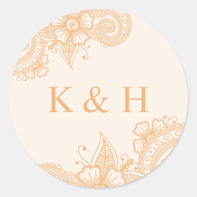 Mehndi Wedding Monogram Classic Round Sticker (Front)