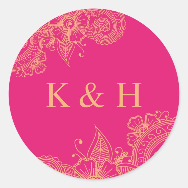Mehndi Wedding Monogram Classic Round Sticker (Front)