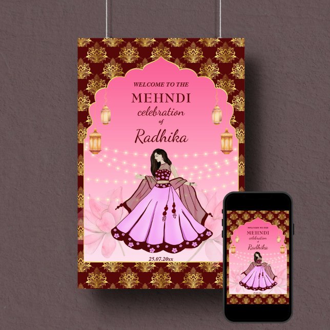 Mehndi welcome sign dancing Indian bride maroon (Mehndi welcome sign poster instant download maroon and gold pink arch frame dancing Indian bride)