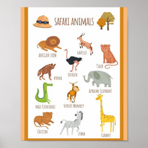 MEKIMI- Colourful Illustrated Safari Animals Poster