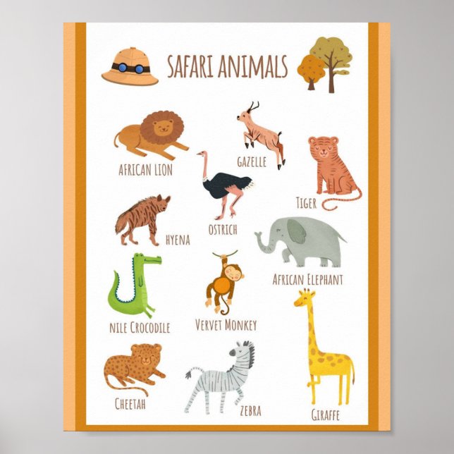 MEKIMI- Colourful Illustrated Safari Animals Poster (Front)