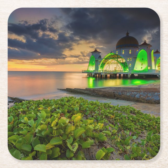 Melaka During Sunset | Masjid Selat Square Paper Coaster (Front)
