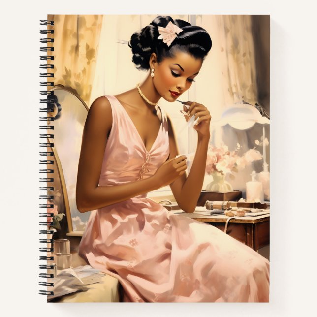 Melanated Enchanting 1940s Make-Up Girly Spiral Notebook (Front)