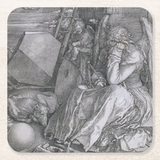 Melancholia, Albrecht Durer Square Paper Coaster (Front)