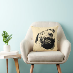 Melancholic Pug Head - lines silhouette 1 Cushion
