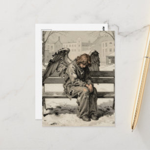 Melancholy Angel in a Snowy City Park Postcard