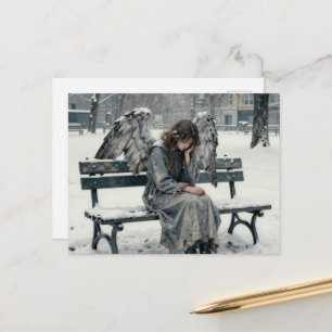 Melancholy Angel in Snowy Park Ink Drawing Postcard
