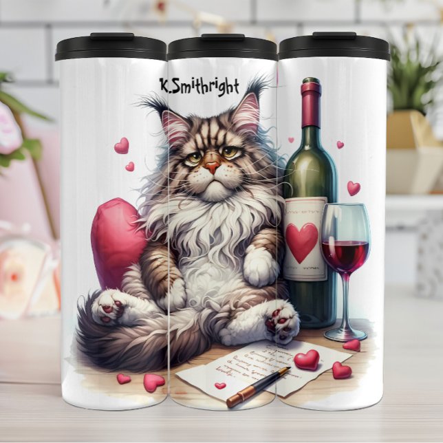 Melancholy Cat with Wine and Love Letter Thermal Tumbler (Creator Uploaded)