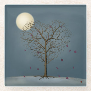 Melancholy Heart Shaped Tree Under the Full Moon Glass Coaster