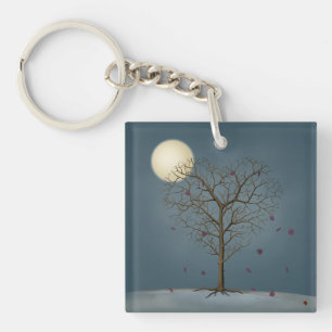 Melancholy Heart Shaped Tree Under the Full Moon Key Ring