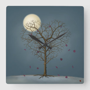 Melancholy Heart Shaped Tree Under the Full Moon Square Wall Clock