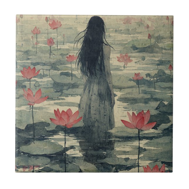 Melancholy Lotus Mist Watercolor (2) Ceramic Tile (Front)