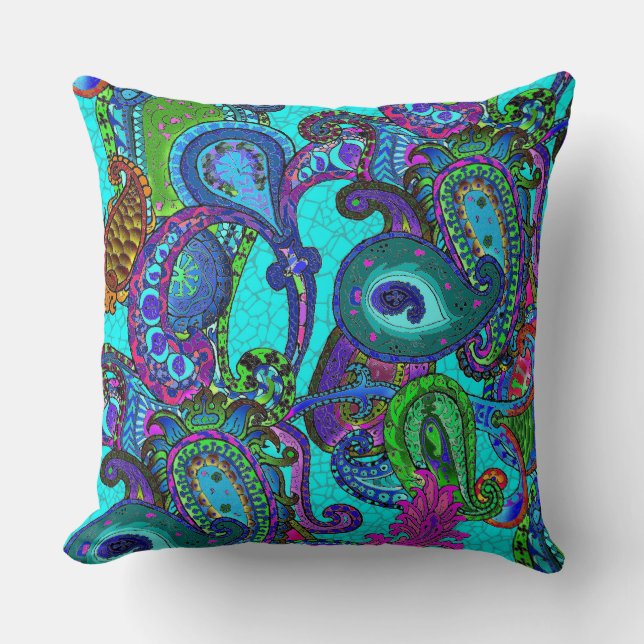 Melange Paisley in Turquoise and Sherbet Green Cushion (Front)