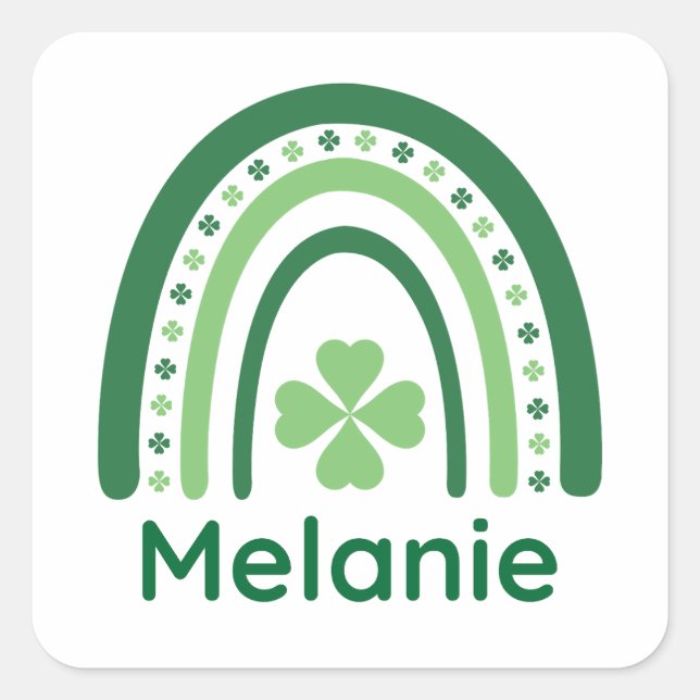 Melanie Name Clover Boho Rainbow Square Sticker (Front)