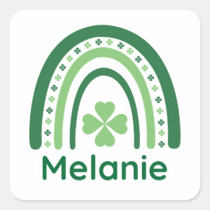Melanie Name Clover Boho Rainbow Square Sticker