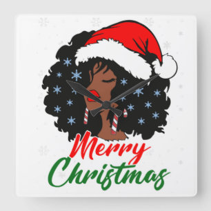 Melanin Christmas Black Queen Melanin Woman Xmas Square Wall Clock