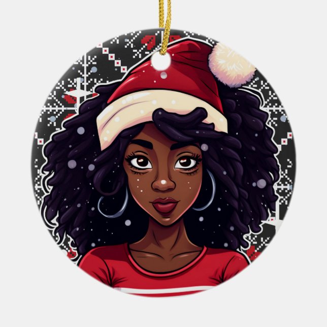 Melanin Christmas Magic  Black Girl Woman  Sista Ceramic Ornament (Front)