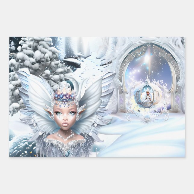 Melanin fairy trio fairytale carriage winter snow wrapping paper sheet (Front 3)