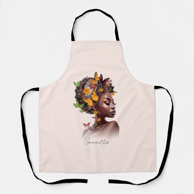 Melanin Magic: Afro Hair and Colourful Butterfly Apron (Front)