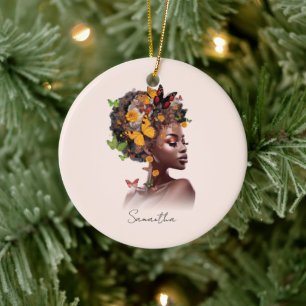 Melanin Magic: Afro Hair and Colourful Butterfly Ceramic Ornament