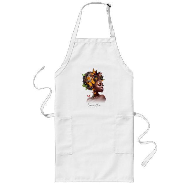 Melanin Magic: Afro Hair and Colourful Butterfly Long Apron (Front)