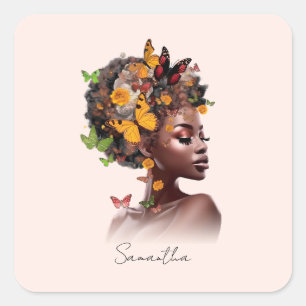 Melanin Magic: Afro Hair and Colourful Butterfly Square Sticker