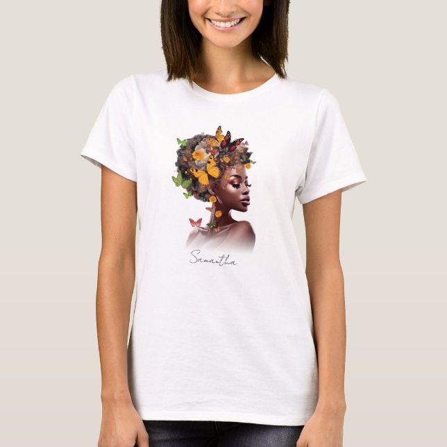 Melanin Magic: Afro Hair and Colourful Butterfly T-Shirt (Front)