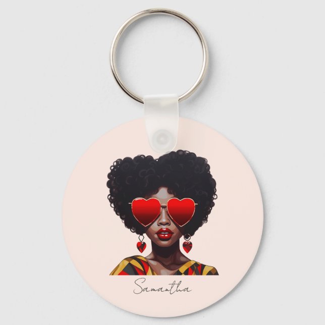 Melanin Magic: Black Queen Rocking Heart Shades Key Ring (Front)