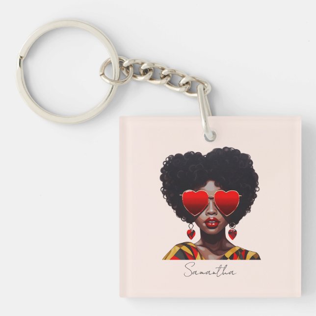 Melanin Magic: Black Queen Rocking Heart Shades Key Ring (Front)